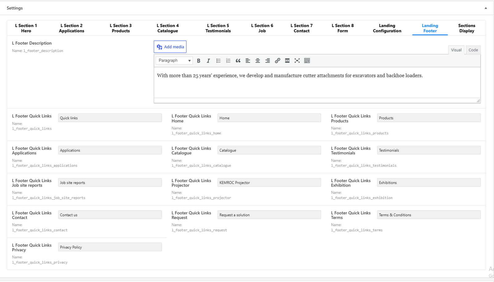 Landing Footer fields