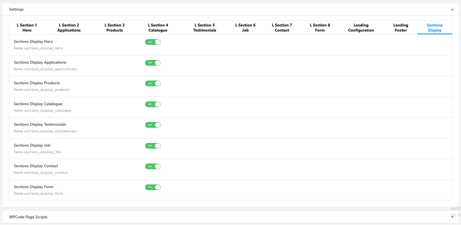 Sections Display visibility toggles