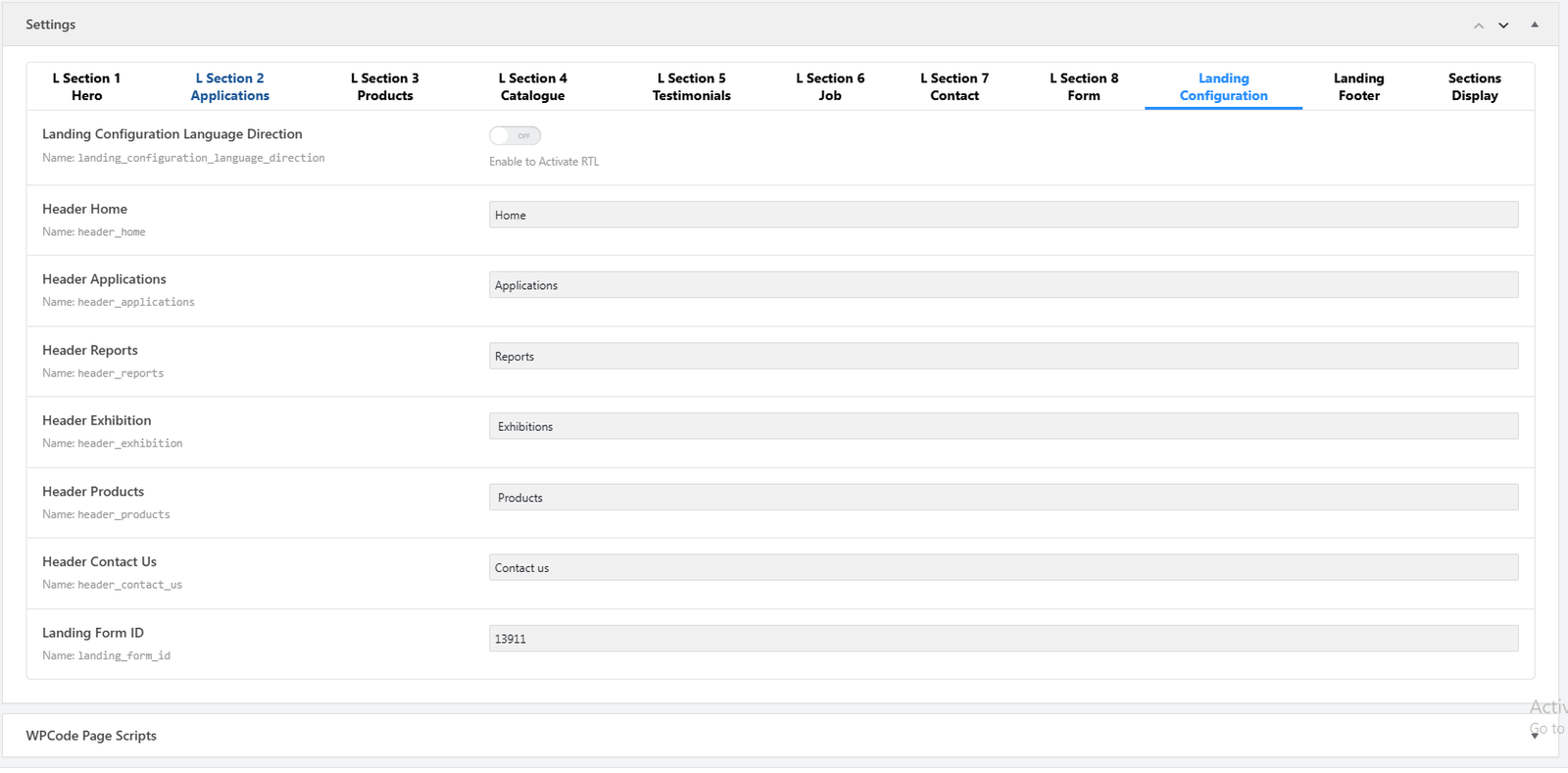 Landing Configuration tab with RTL toggle